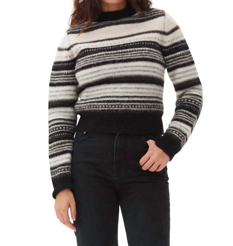 Soft Wool Stripe O-Neck Sweater In Black Zippered Front Buttoned Front Snap Front