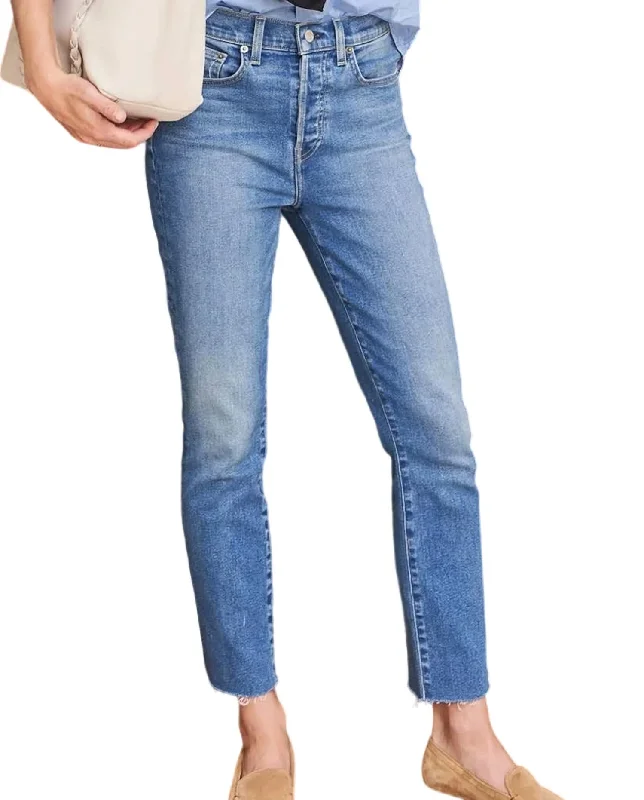 Straight Leg Button Fly Jean In Everyday Blue Stylish Shredded Denim Jeans