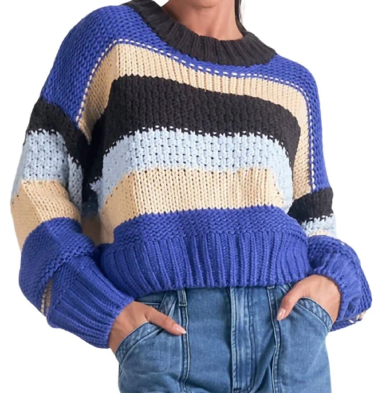 Striped Crewneck Cropped Sweater In Blue Multi Thin Thick Dense