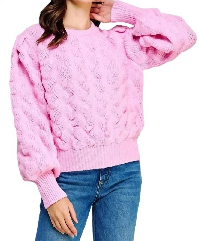 Textured Wave Thick Knit Sweater In Aurora Pink Satin Blend Silk Blend Wool Blend