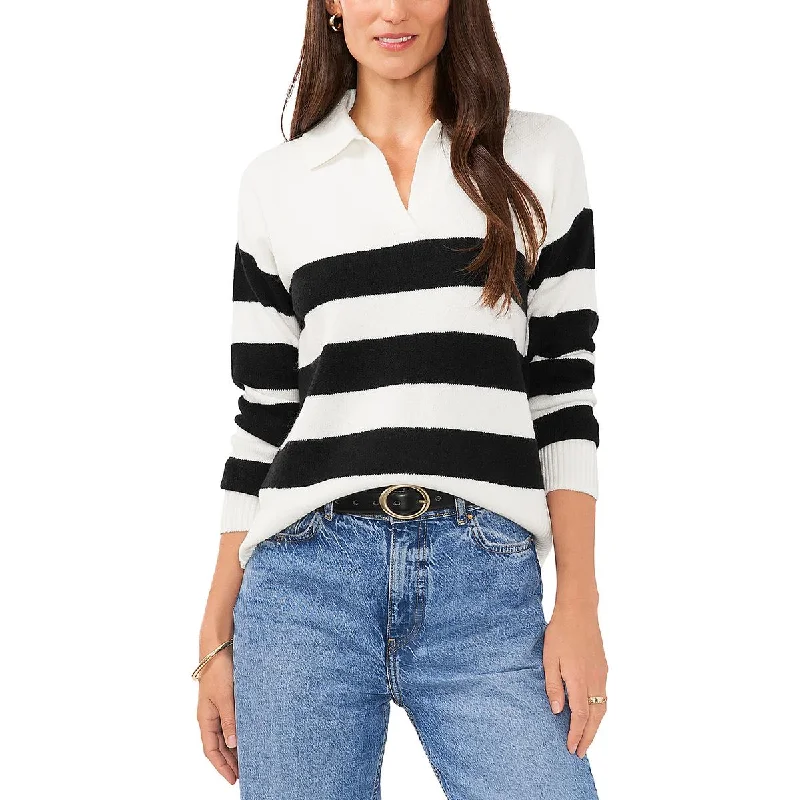 Womens Striped Polo Pullover Sweater Long Sweater Short Sweater Cropped Sweater