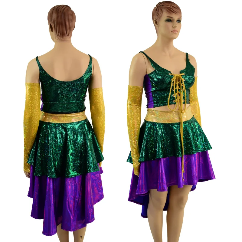 4PC Hi Lo Layered Mardi Gras Skirt, Lace Up Top and Arm Warmer Set velvet skirt luxury