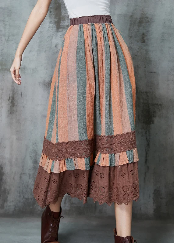 Art Orange Striped Patchwork Lace Linen Skirts Spring cashmere skirt soft