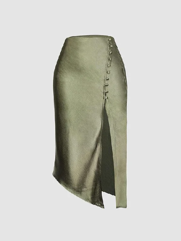 Asymmetric Hem Slit Button Deco Skirt leather skirt modern