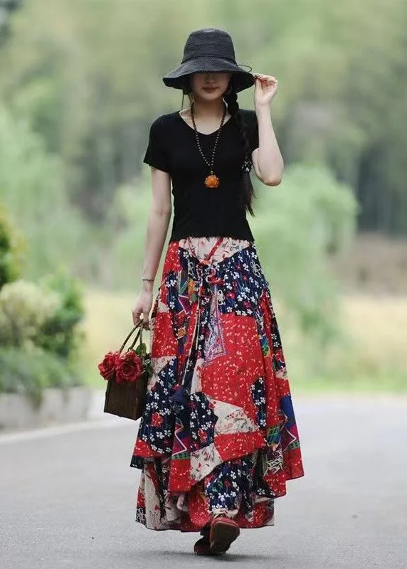 Beautiful Red Asymmetrical Print Exra Large Hem Linen Skirt Spring satin skirt smooth