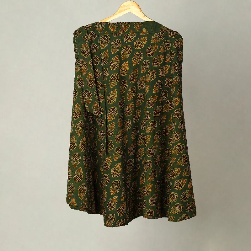 Green - Block Print Cotton Wrap Around Ajrakh Skirt 05 casual skirt length