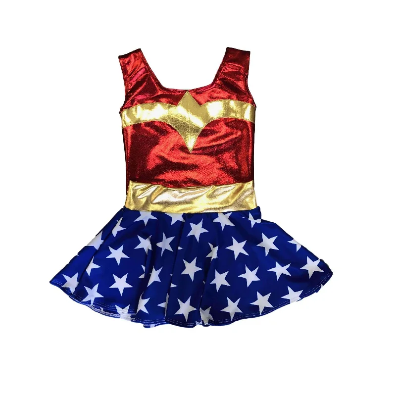 Children's Metallic Wonder Woman Costume w/ Stars Skirt button skirt front