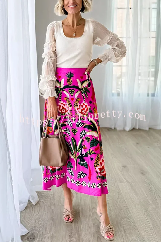 Lilipretty Creative Tropical Rainforest Unique Print High Rise Midi Skirt denim skirt stylish