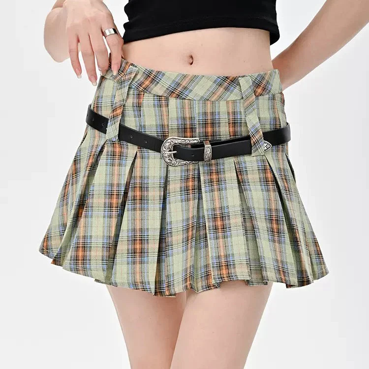 Double Belt Plaid Pleated Skirt in Green leather skirt refined