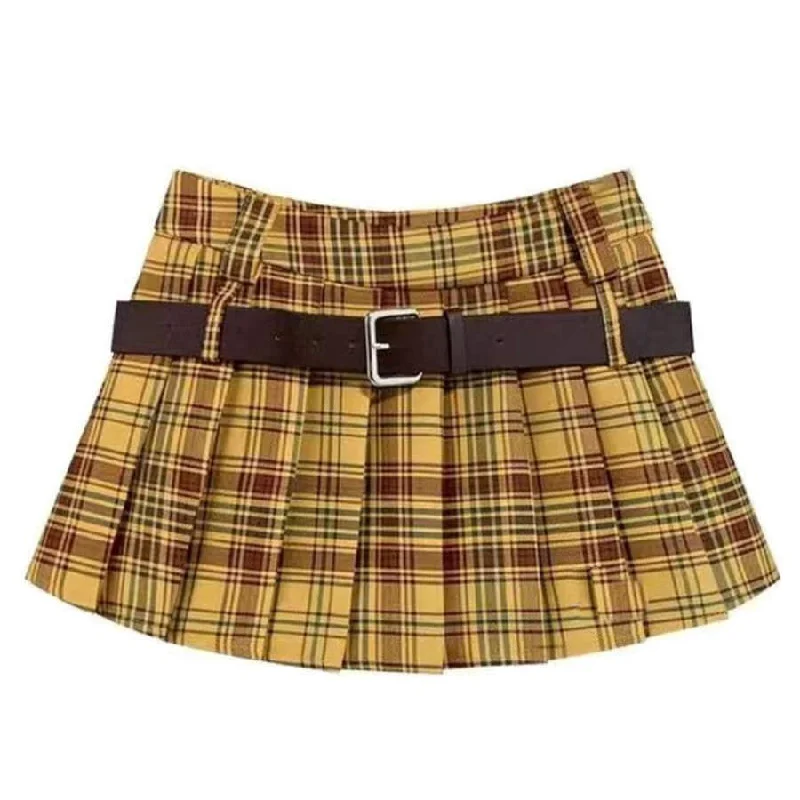 Double Belt Plaid Pleated Skirt in Yellow corduroy skirt cozy