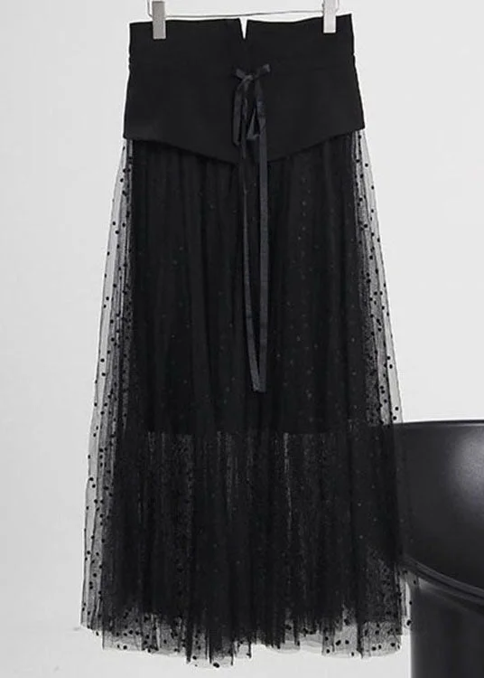 Fashion Black tie waist Zip Up Tulle Skirt Spring linen skirt relaxed