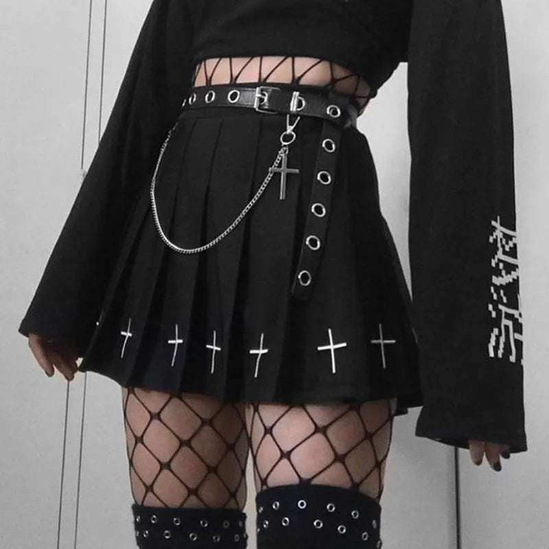 Women's High Waist Gothic Mini Ladies Cross Pattern Mini Pleated Dark Style Skirt asymmetrical skirt cut