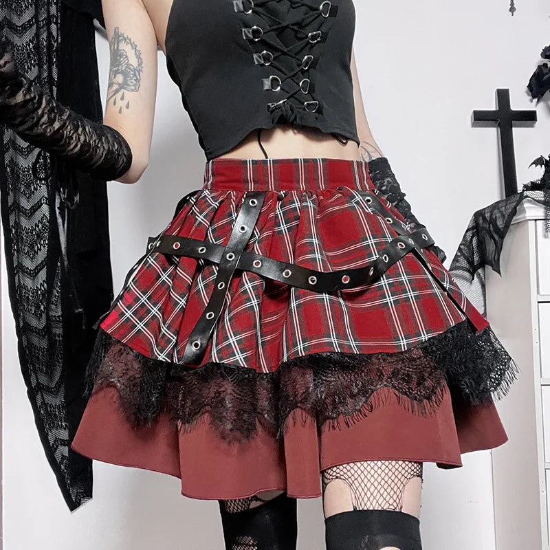 Y2k Lolita Cake Mini Gothic Harajuku Girls Plaid Pleated Sweet Lace Kawaii Skirt silk skirt luxurious