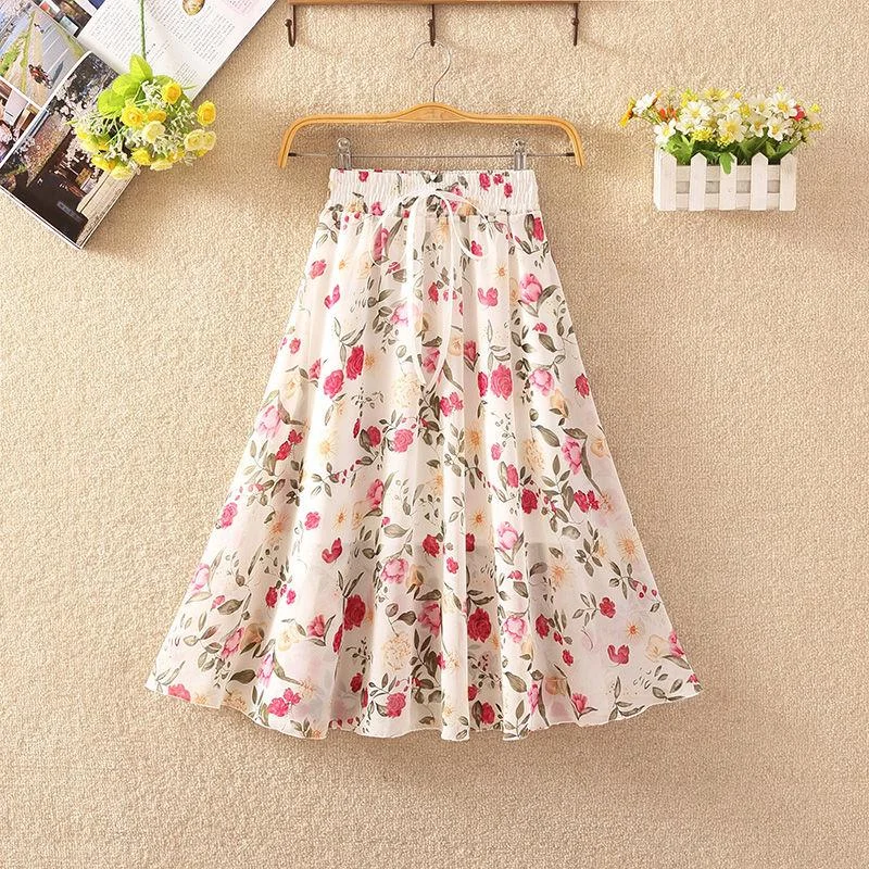 Floral Skirt Women's High Waist Mid-length Summer Fashion Casual Printed Chiffon Skirt wrap skirt elegant