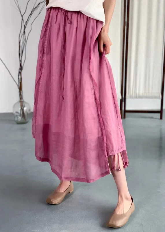 Handmade Rose Wrinkled Pockets Lace Up Elastic Waist Linen Skirt Summer pleated skirt texture