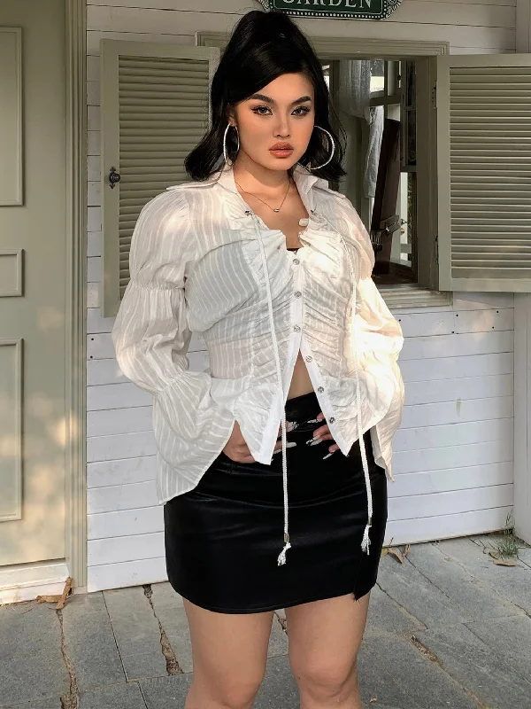 Jenna Solid Color See Through White Long Puffed Sleeve Button Up Shirt + Black High Waist Mini Skirt Matching Set lace skirt romantic