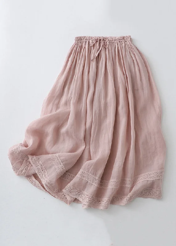 Loose Pink Drawstring Lace Linen Skirt Summer floral skirt print