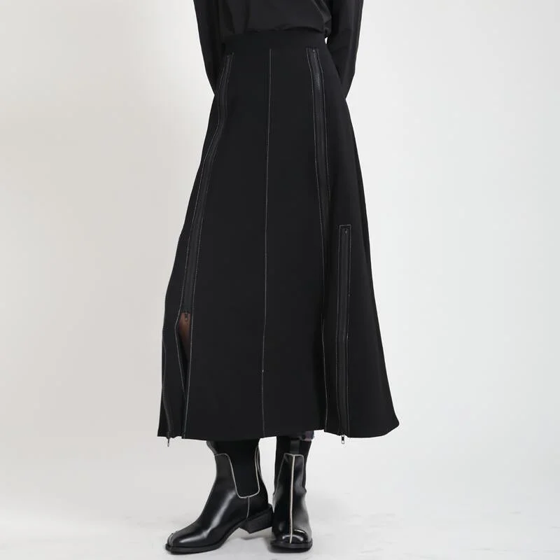 Mid-length Patchwork Black A-line Skirt high slit skirt