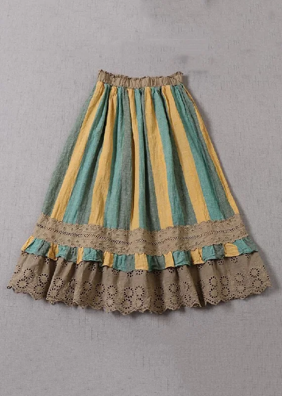 New Green Striped Hollow Out Lace Patchwork Linen Skirts Spring velvet skirt rich