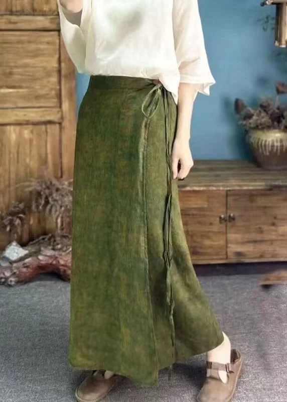 Original Green Linen Printed One Piece Strappy Long Skirt Summer wool skirt warm