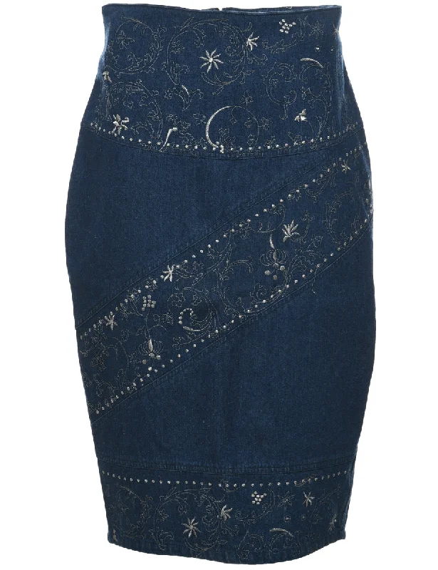 Pencil Shape Embroiderd Denim Skirt - L casual skirt length