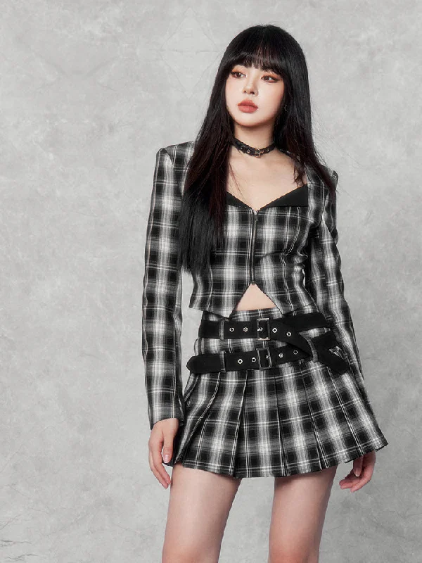 Plaid Punk Cropped Jacket/Pleated Skirt leather skirt bold