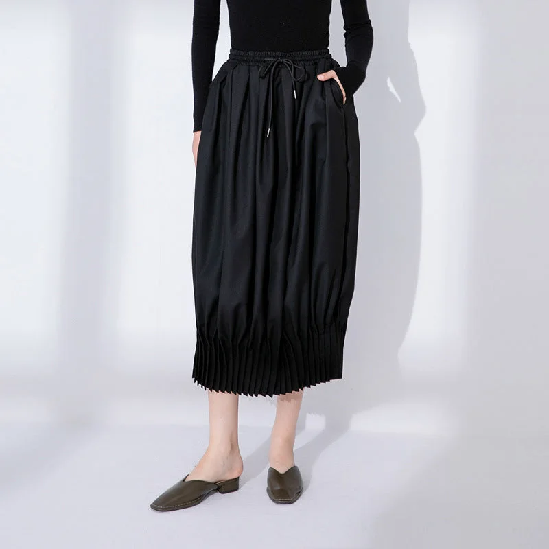 Pleated Curved Bud Skirt elastic waist skirt