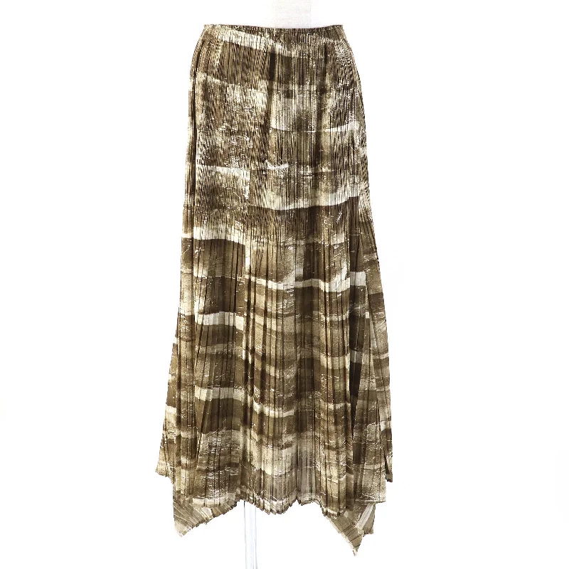 PLEATS PLEASE Graphic Print Skirt Brown silk skirt lustrous