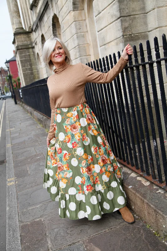 Polka Dot Floral Maxi Skirt Khaki velvet skirt plush