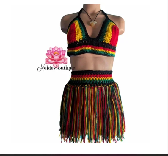 Rasta Top and Skirt, Rasta Bralette, Rasta crochet belt, Festival Outfit wool skirt warm