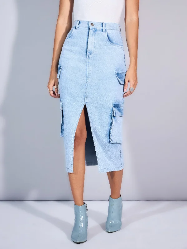 Women Light Blue Denim Box Pocket Front Slit Midi Skirt silk skirt elegant