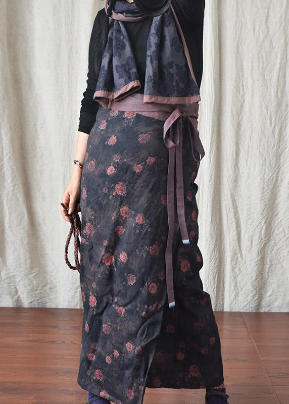 Spring Ethnic Style Black Printed Linen One-Piece Lace Up Skirt velvet skirt glossy