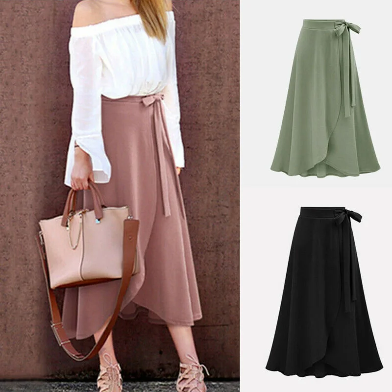 Stylish Designed Women's Autumn Asymmetric Slit Solid-color Wrap Long Skirt button skirt front