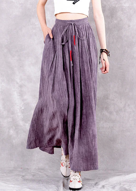 Vintage Purple Wrinkled Pockets Tie Dye Linen Skirts Spring low waist skirt