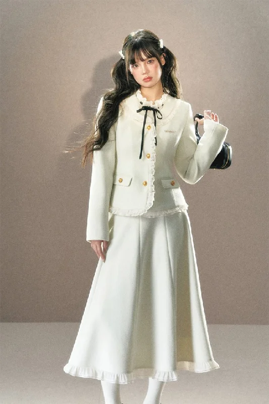 White Ruffle Trim Blazer and Long Skirt modal blend skirt