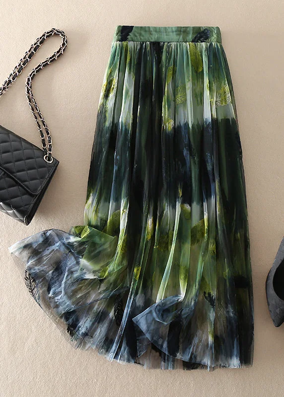 Women Green high waist Print Tulle Skirt Spring linen skirt relaxed