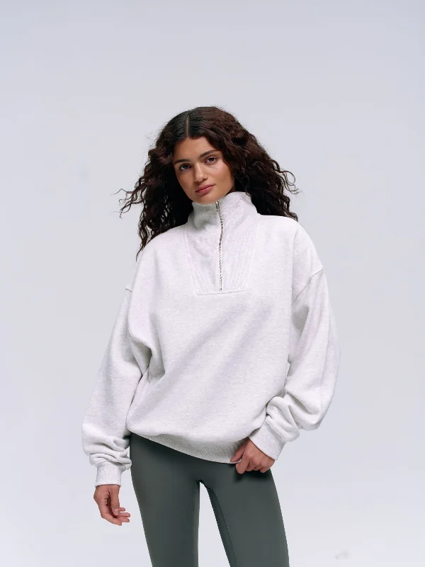 Relaxed Funnel Neck Zip Sweatshirt - Light Grey Melange Hoodie with Button Placket Classic Preppy