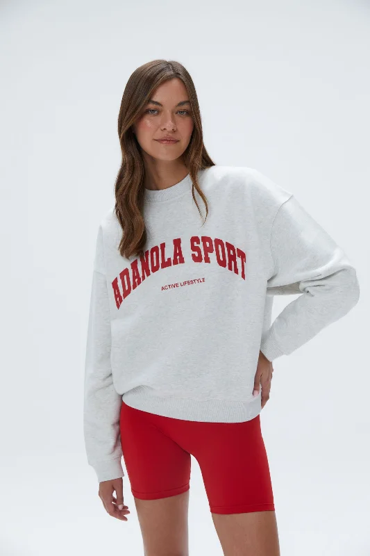 Adanola Sport Relaxed Sweatshirt - Light Grey Melange/Classic Red Hoodie with Hem Patch Decorative Personalized