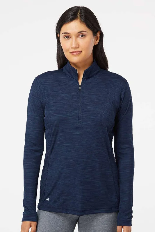 Adidas Womens Moisture Wicking 1/4 Zip Sweatshirt - Collegiate Navy Blue Melange Hoodie with Cuffed Sleeves Snug Secure