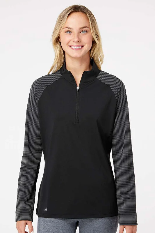 Adidas Womens Stripe Block Moisture Wicking 1/4 Zip Sweatshirt - Black Hoodie with Full-Zip Functional Layering