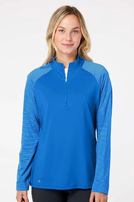 Adidas Womens Stripe Block Moisture Wicking 1/4 Zip Sweatshirt - Glory Blue Hoodie with Pocket Utility Practical