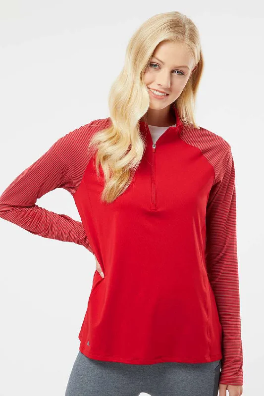 Adidas Womens Stripe Block Moisture Wicking 1/4 Zip Sweatshirt - Team Power Red Hoodie with Snap Buttons Easy Quick