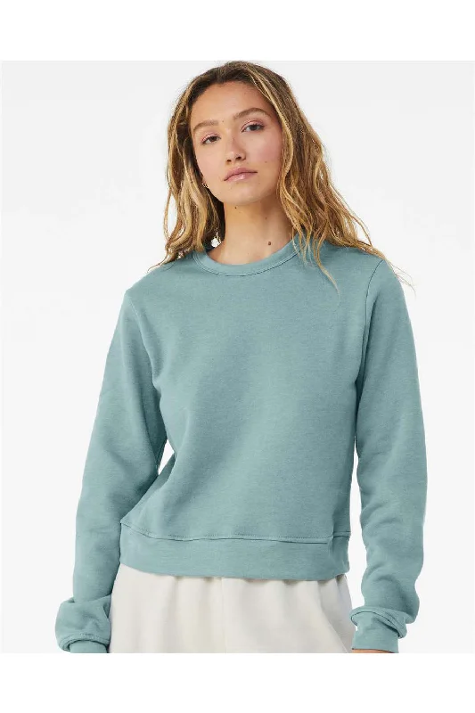 Bella + Canvas Womens Sponge Fleece Classic Crewneck Sweatshirt - Heather Blue Lagoon Hoodie with Hem Frayed Vintage Worn