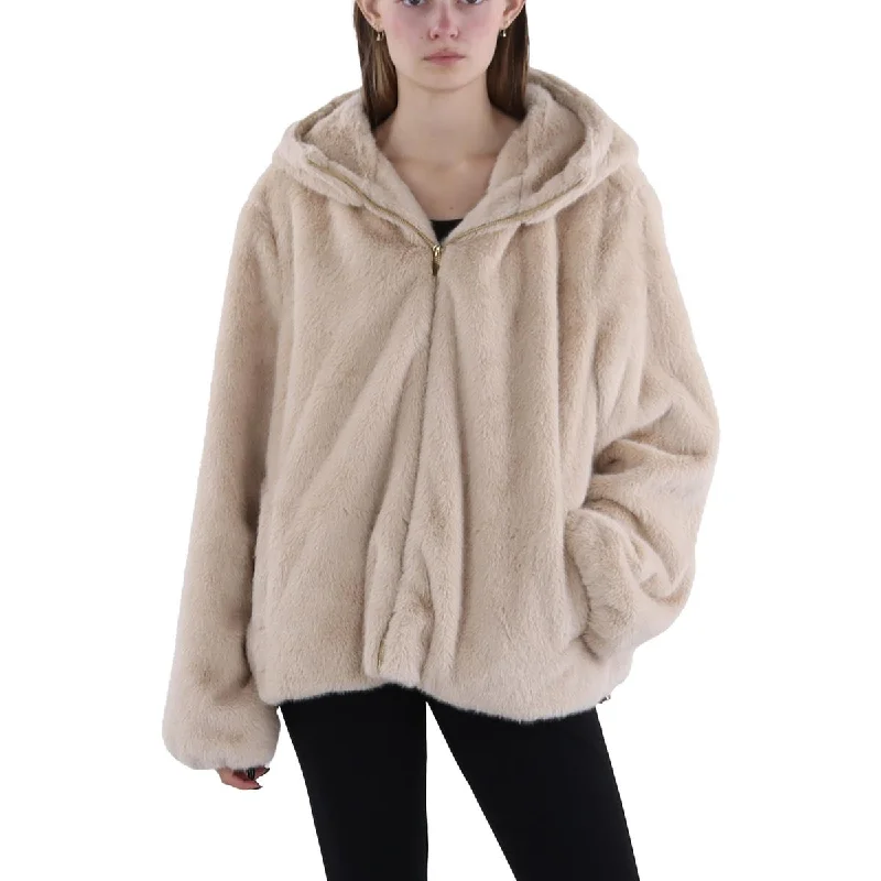 Womens Faux Fur Hooded Faux Fur Coat Hoodie with Side Slits Relaxed Casual