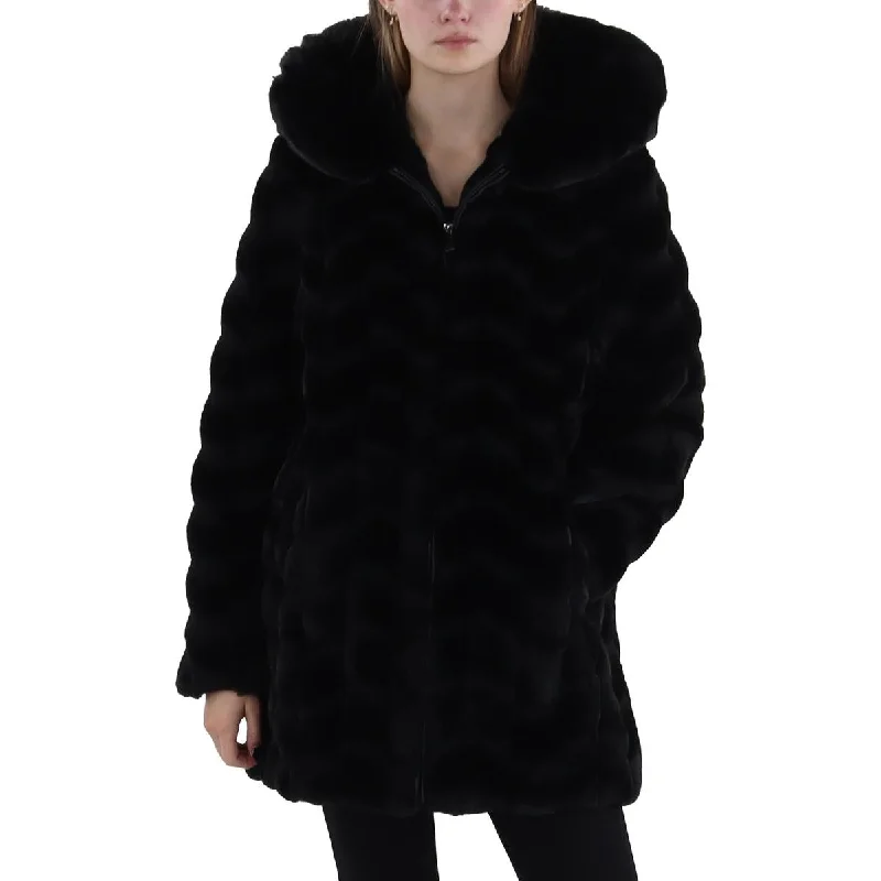 Womens Faux Fur Hooded Faux Fur Coat Hoodie with Hem Ribbing Snug Secure