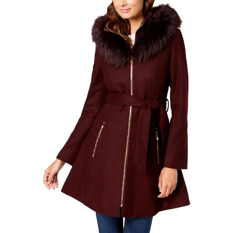 Womens Faux Fur Hooded Wool Coat Hoodie with Contrast Stitching Detailed Premium