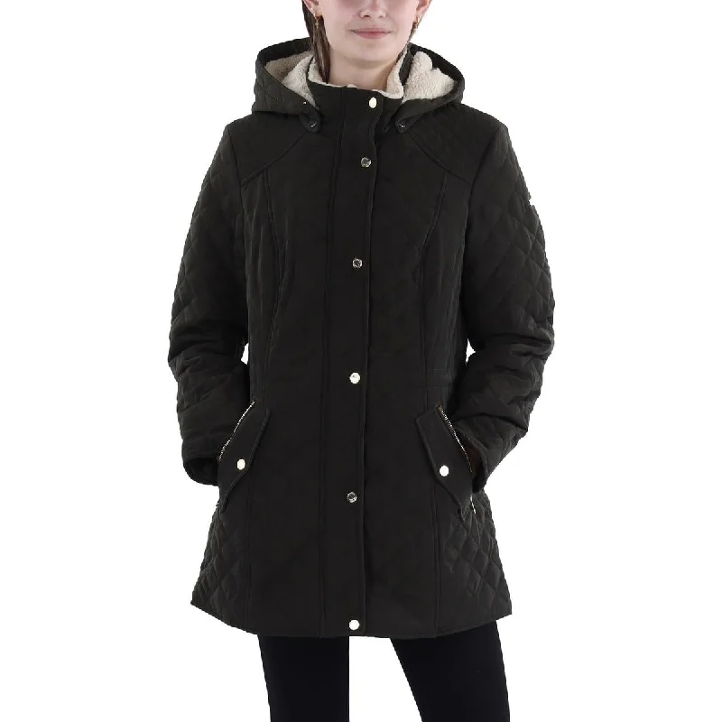 Womens Faux Fur Hooded Quilted Coat Hoodie with Button Classic Timeless