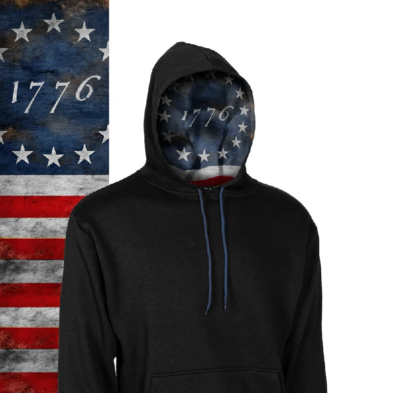 Classic Lined Hoodie | 1776 Flag | Black Hoodie with Drawstring Waist Adjustable Fitted