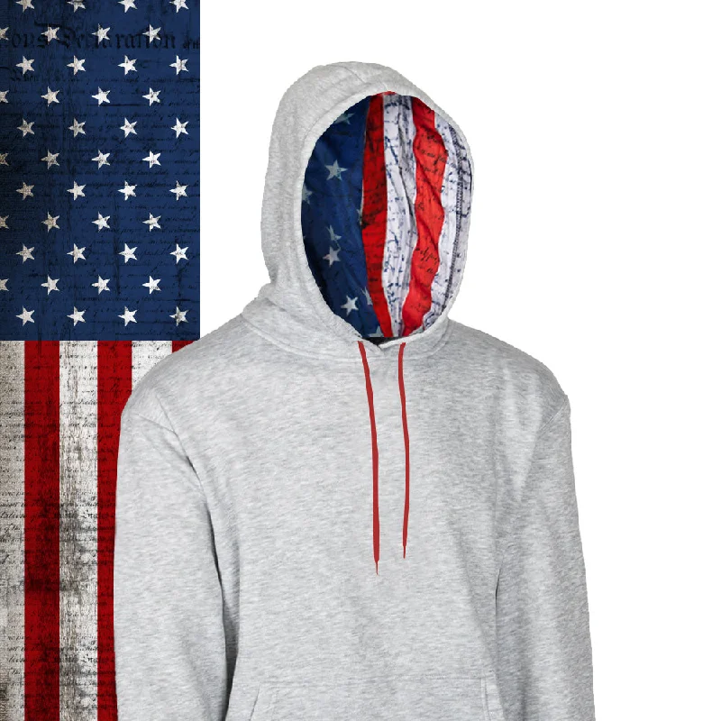 Classic Lined Hoodie | American Flag | Light Heather Grey Hoodie with Exposed Zipper Edgy Industrial