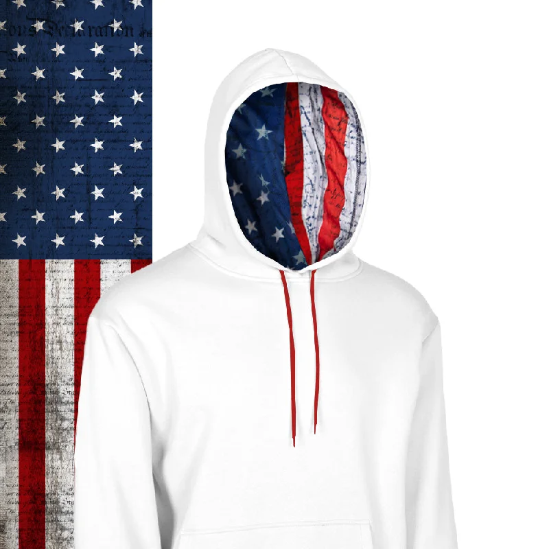 Classic Lined Hoodie | American Flag | White Hoodie with Drop Shoulder Relaxed Streetwear